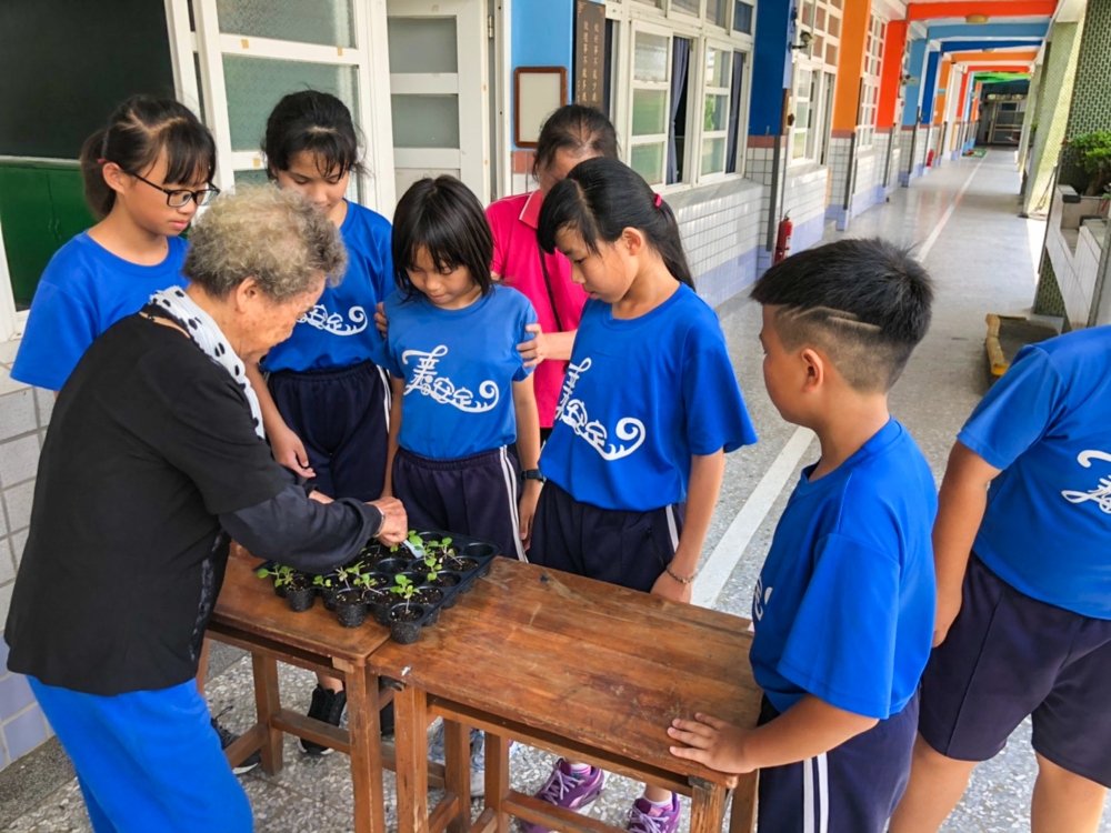 樂齡者指導小學生植苗，放置在文章第五段及第六段中間，並排在右邊。