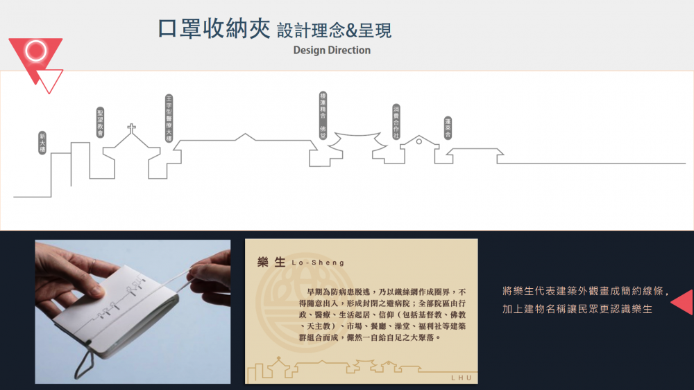 樂生文創商品－口罩收納夾，將樂生代表建築外觀畫成簡約線條，加上建物名稱讓民眾更認識樂生。